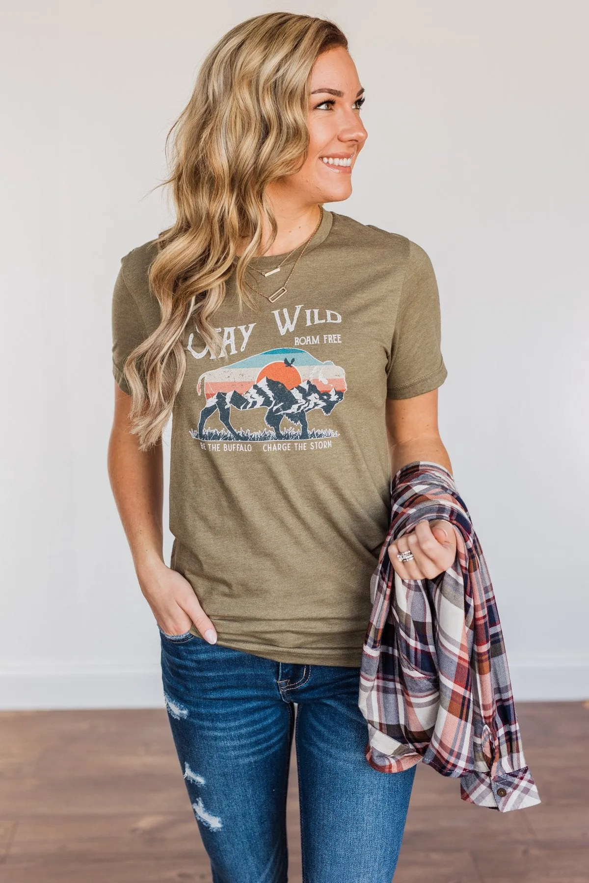 Stay Wild. Roam Free Buffalo Graphic Tee- Olive