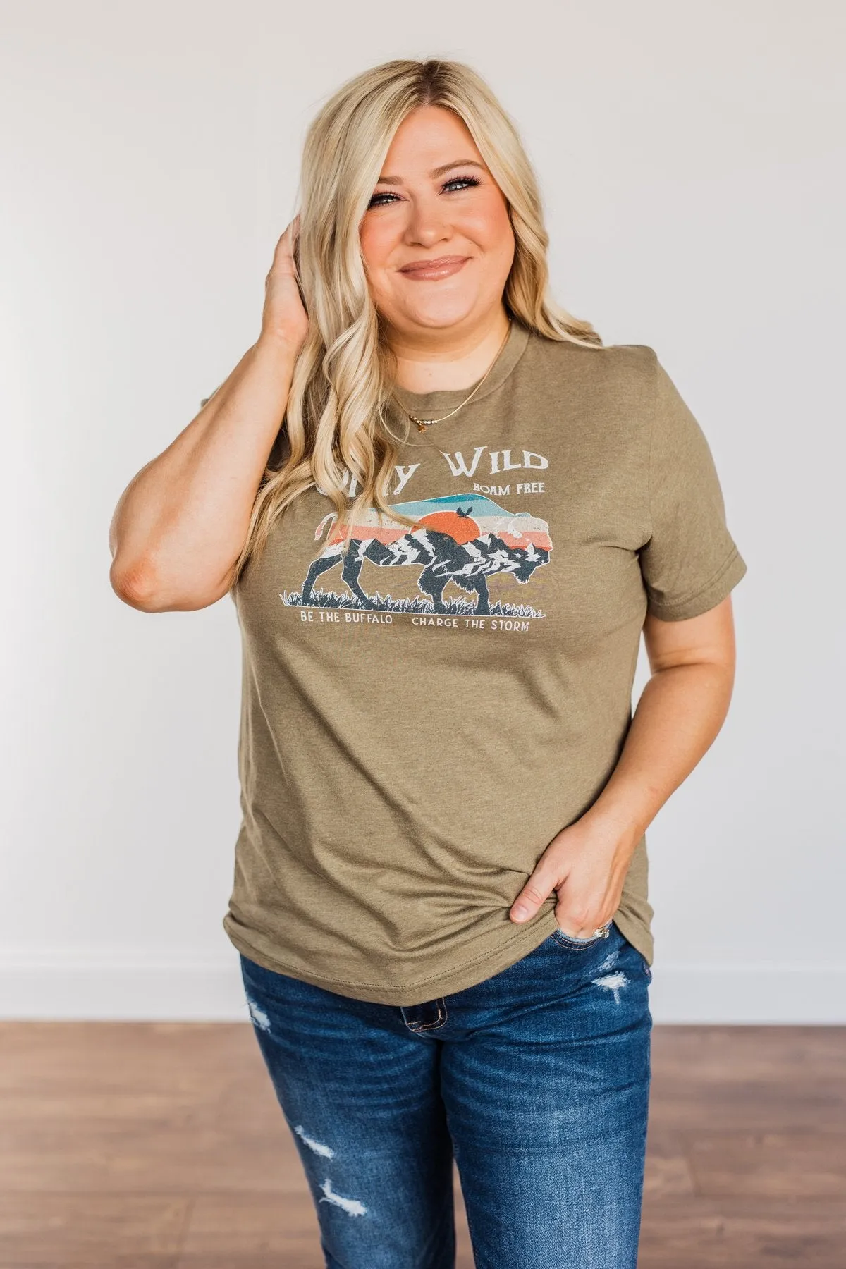 Stay Wild. Roam Free Buffalo Graphic Tee- Olive