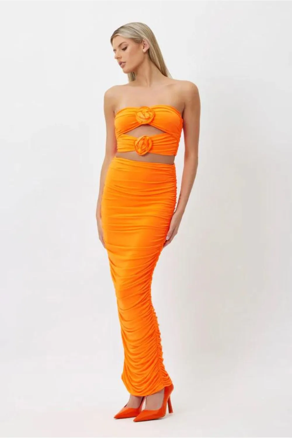 Stonnington Hire    Bianca and Bridgett | Julie Ruched Maxi Set | Orange