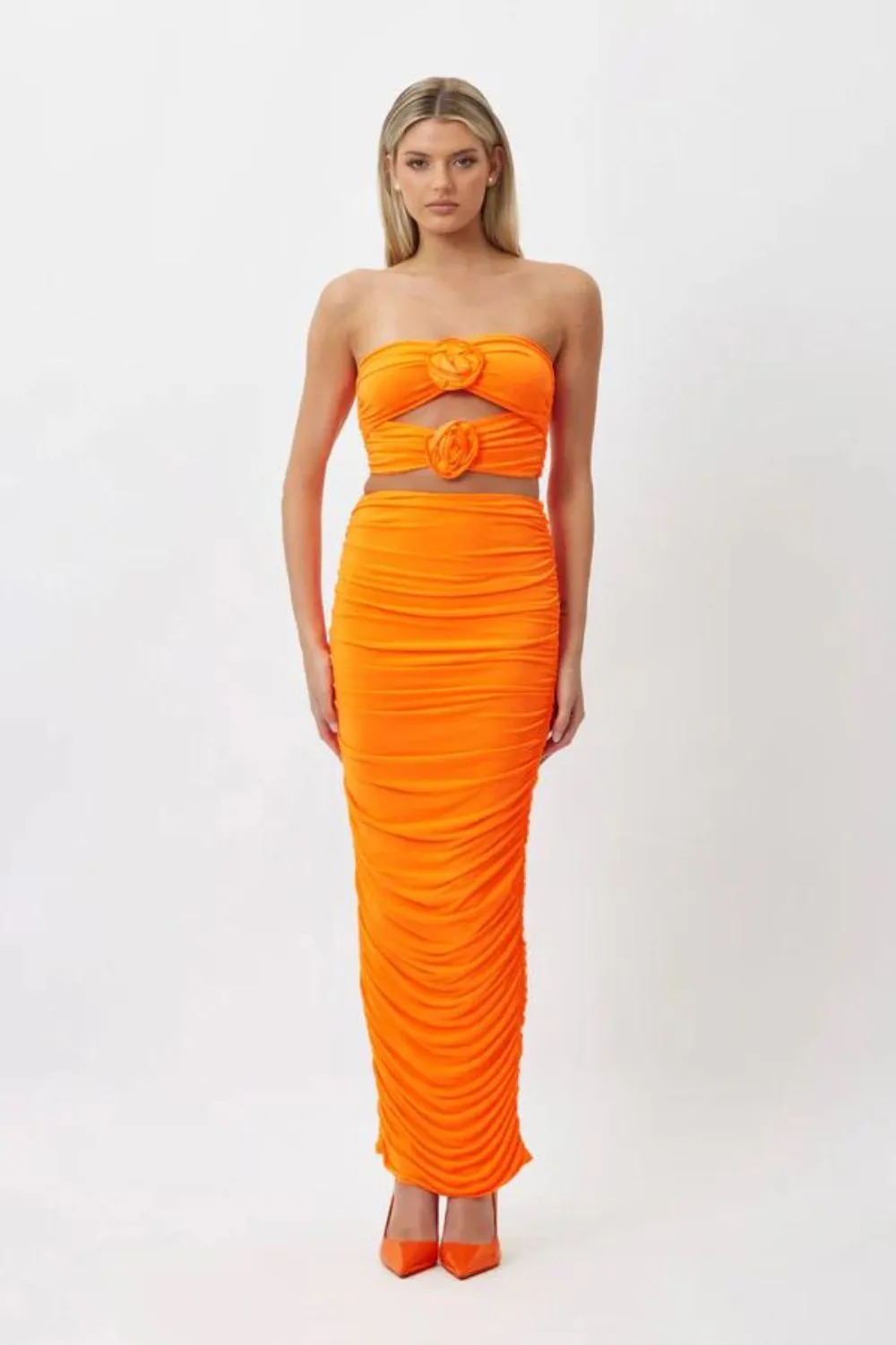 Stonnington Hire    Bianca and Bridgett | Julie Ruched Maxi Set | Orange