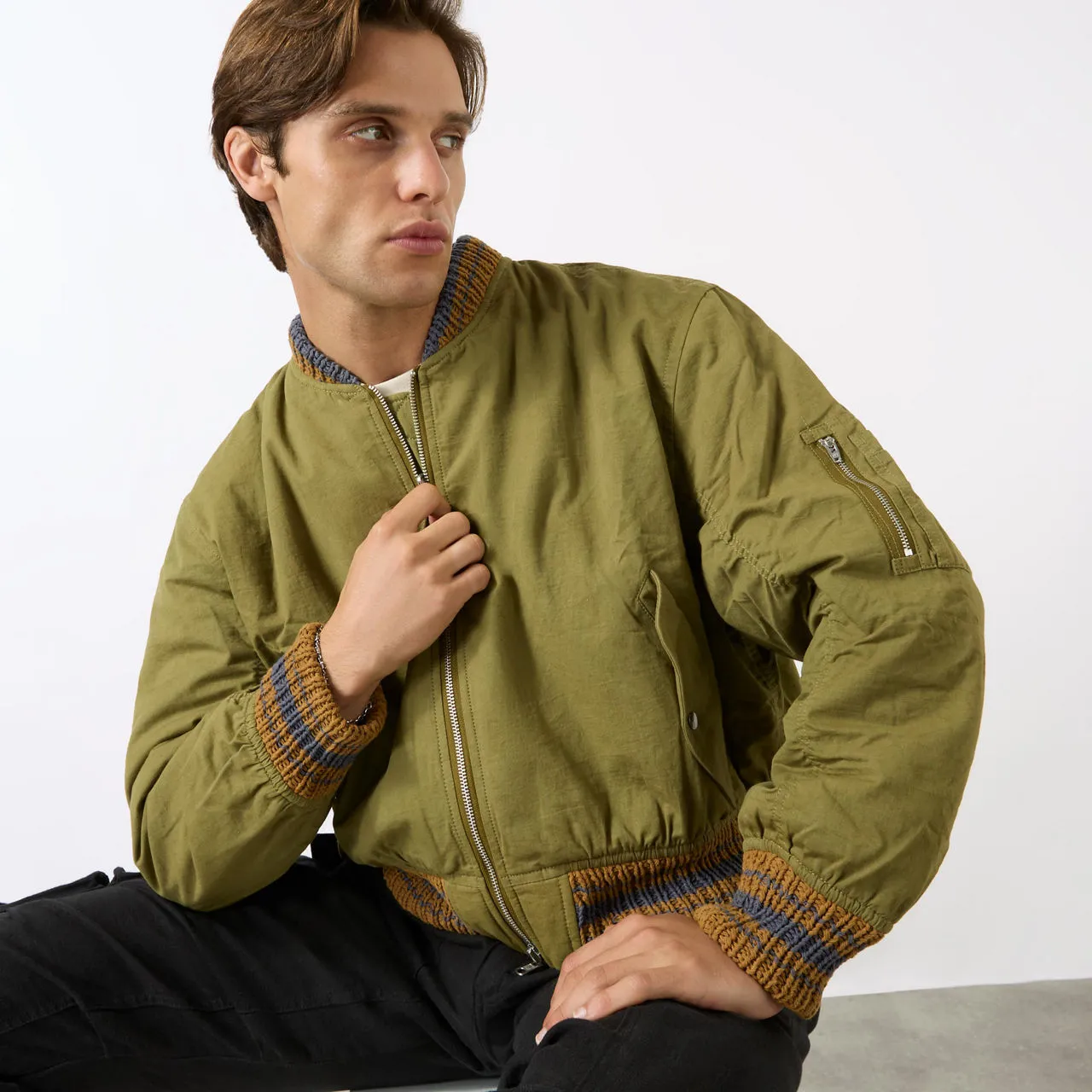 STORY MFG The Sustainable Edit Seed Reversible Check Bomber Jacket - Olive