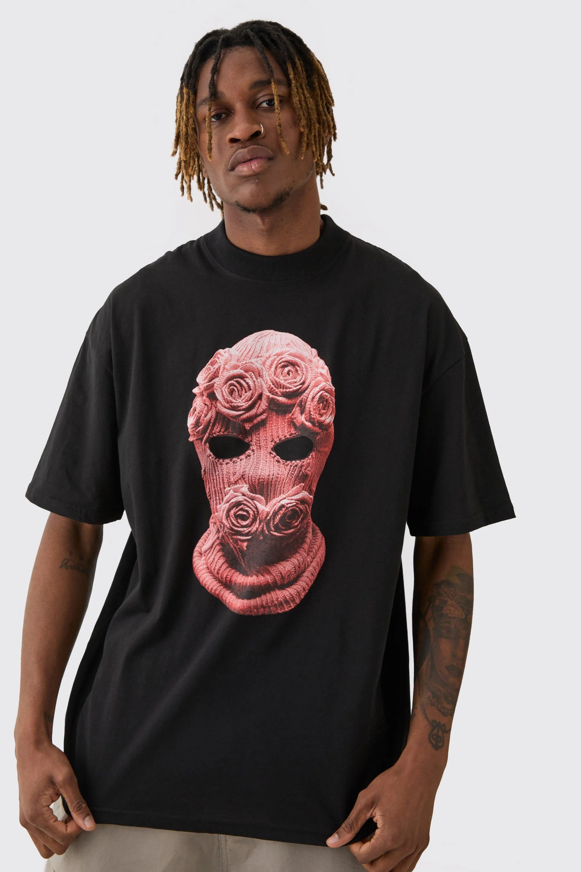 Tall Oversized Balaclava Floral Graphic T-Shirt