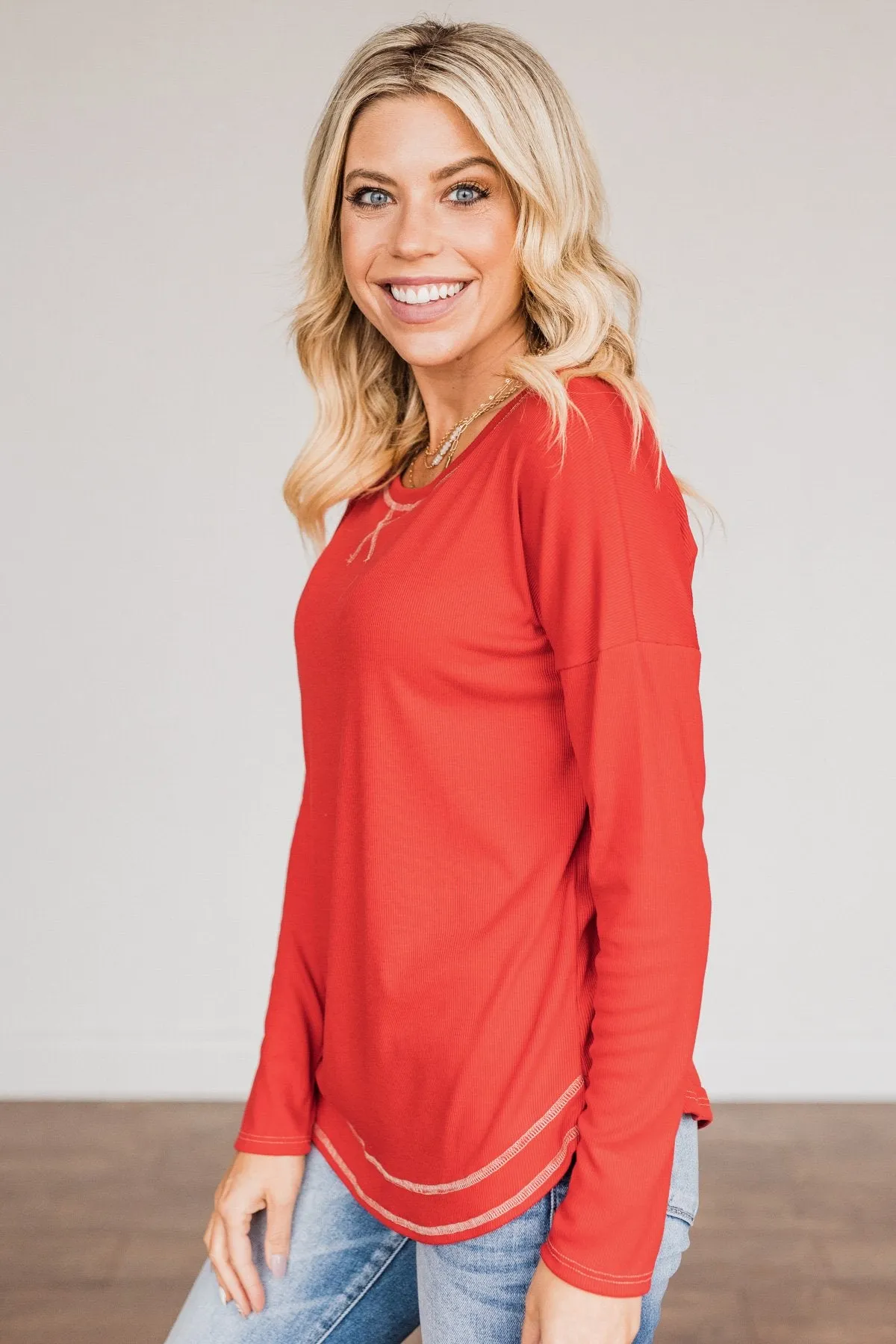 True To Your Heart Long Sleeve Top- Red