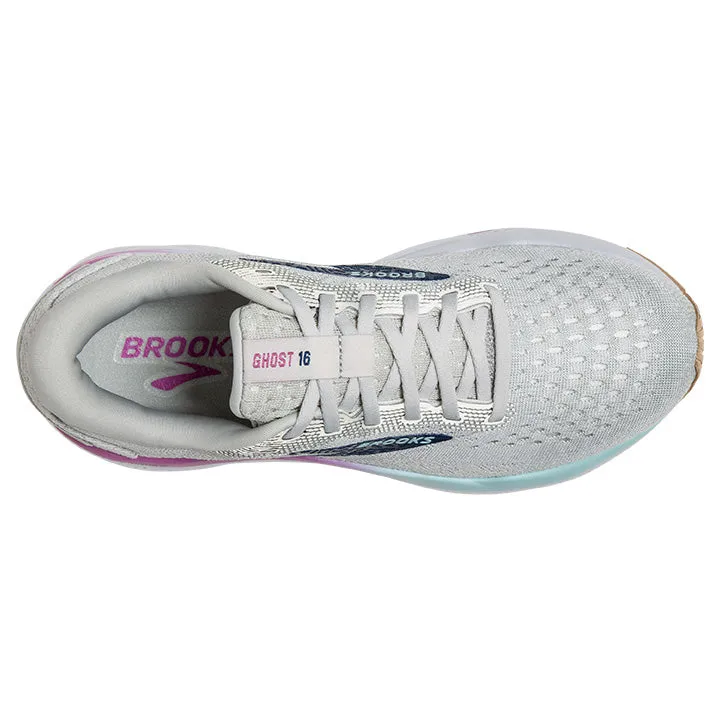 Women's Brooks Ghost 16 Wide 1204071D175 Color: White/Grey/Estate Blue