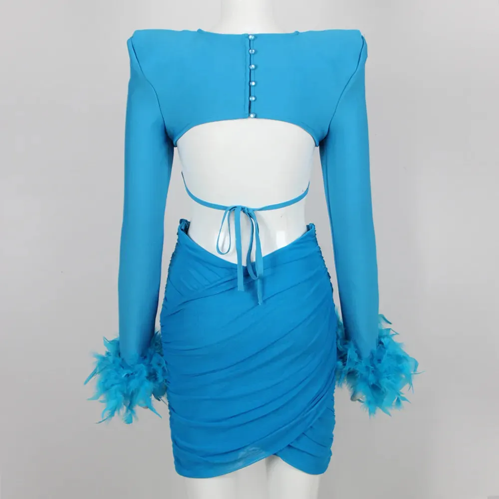 Women's Feather Decor Puff Sleeve Blazer Bandage Mini Skirt Two Piece Set