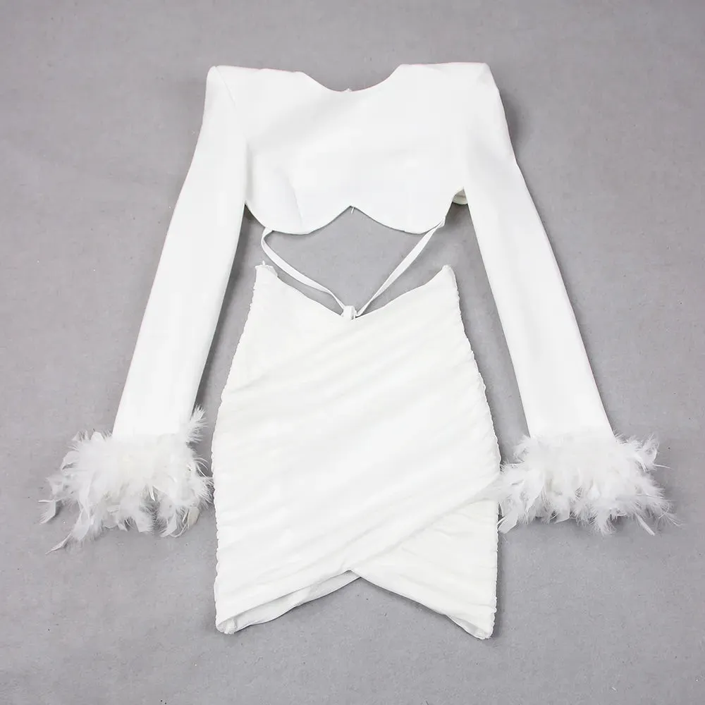 Women's Feather Decor Puff Sleeve Blazer Bandage Mini Skirt Two Piece Set