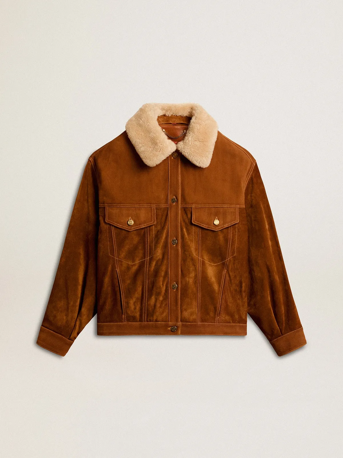 Women's jacket in tobacco-colored split leather with a shearling collar