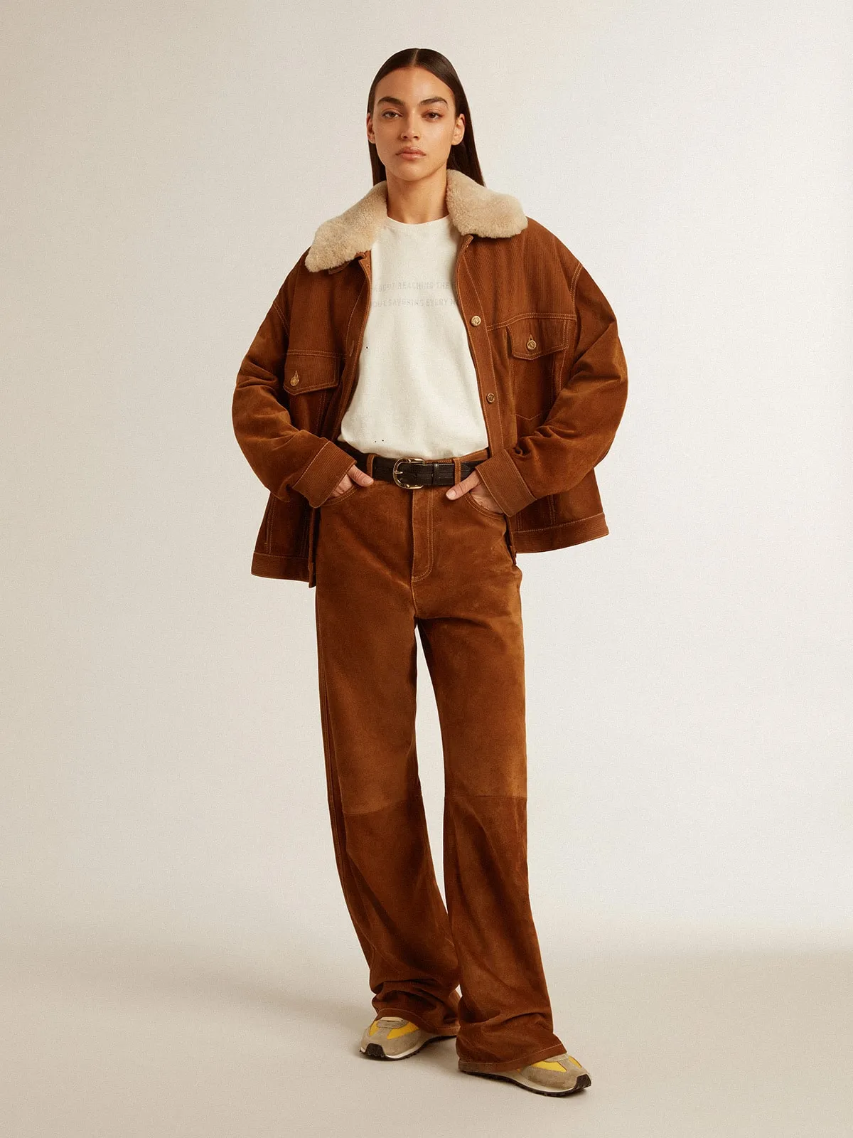 Women's jacket in tobacco-colored split leather with a shearling collar