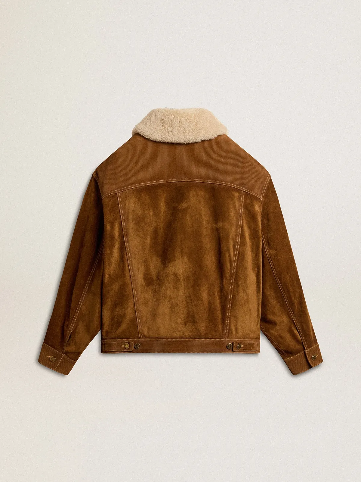 Women's jacket in tobacco-colored split leather with a shearling collar