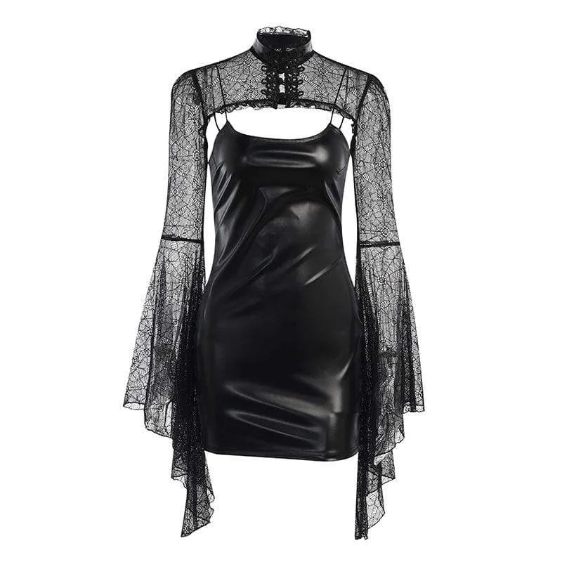 Women's Punk Faux Leather Slip Dress with Lace Cape