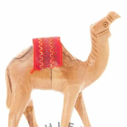 Wooden Camel w/ Red Saddle Nativity Figurine, 5.6 Hand Carving from Bethlehem