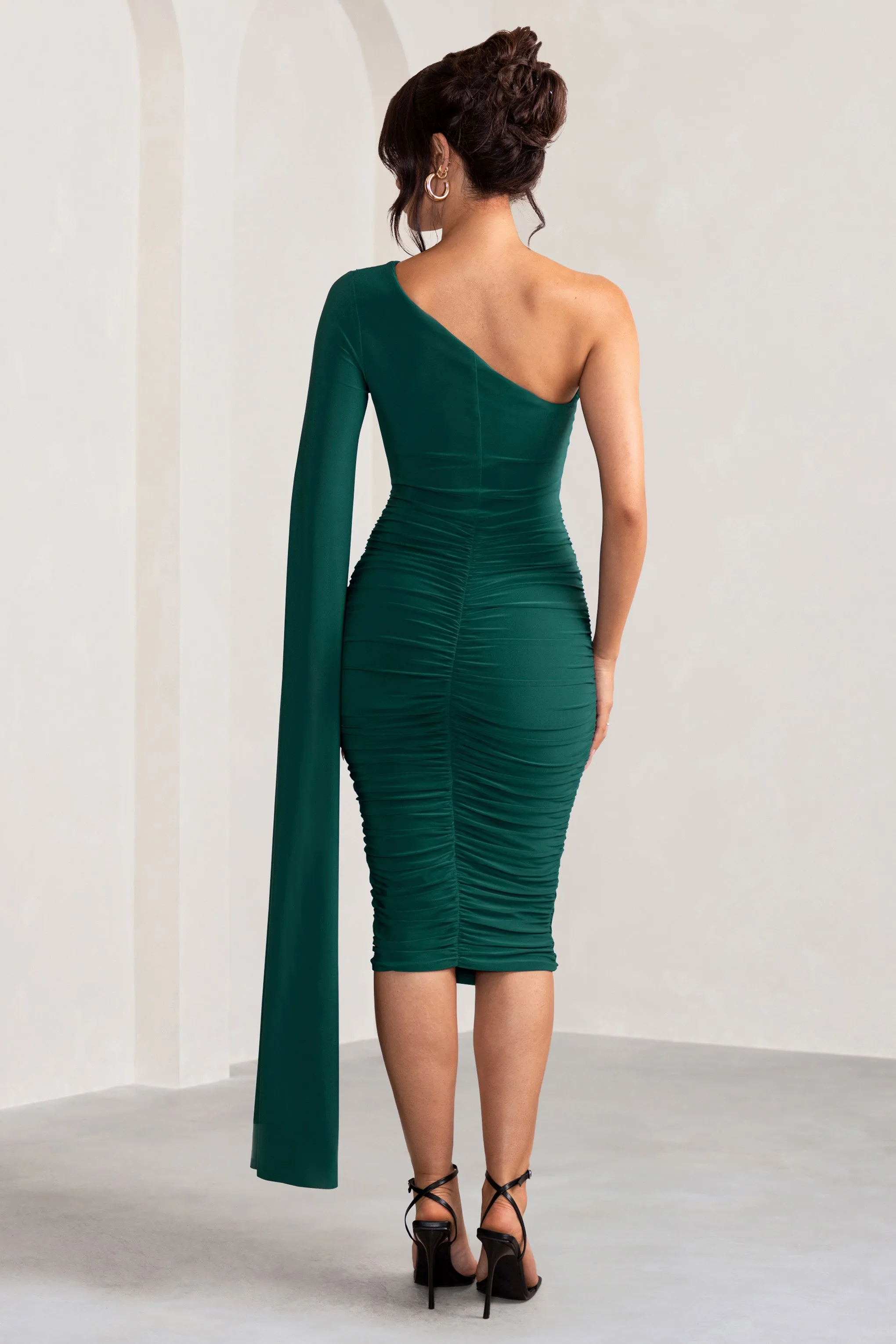 Yara | Bottle Green One Shoulder Cape Ruched Midi Dress